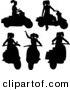 Clip Art of a Woman on a Scooter in Five Different Poses, Silhouetted on Solid White by KJ Pargeter