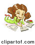 Clip Art of ACute Smiling Brunette, Brown Eyed School Girl in Green Clothes, Laying on Her Belly and Doing Homework for School by Tonis Pan
