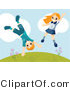 Clip Art of an Energetic Boy and Girl Jumping and Doing Cartwheels on a Hillside by BNP Design Studio