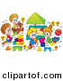 Clip Art of Happy Children Playing with Blocks and Teddy Bears Around a Sand Box, out on a Picnic by Alex Bannykh