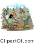 Clip Art of Three Girl Scouts and Their Troop Leader Standing Beside a Campfire in the Forest by Djart